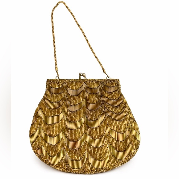 Walborg Handbags - Vintage Walborg Gold Beaded Evening Bag 1950s Scallop Clutch Art Deco